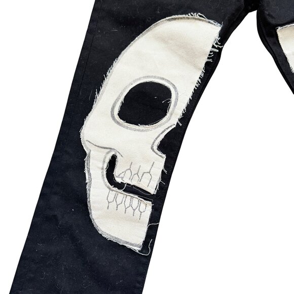 MNML Black Denim Pants With White Skull Patch Design Size 28 - Picture 2 of 10